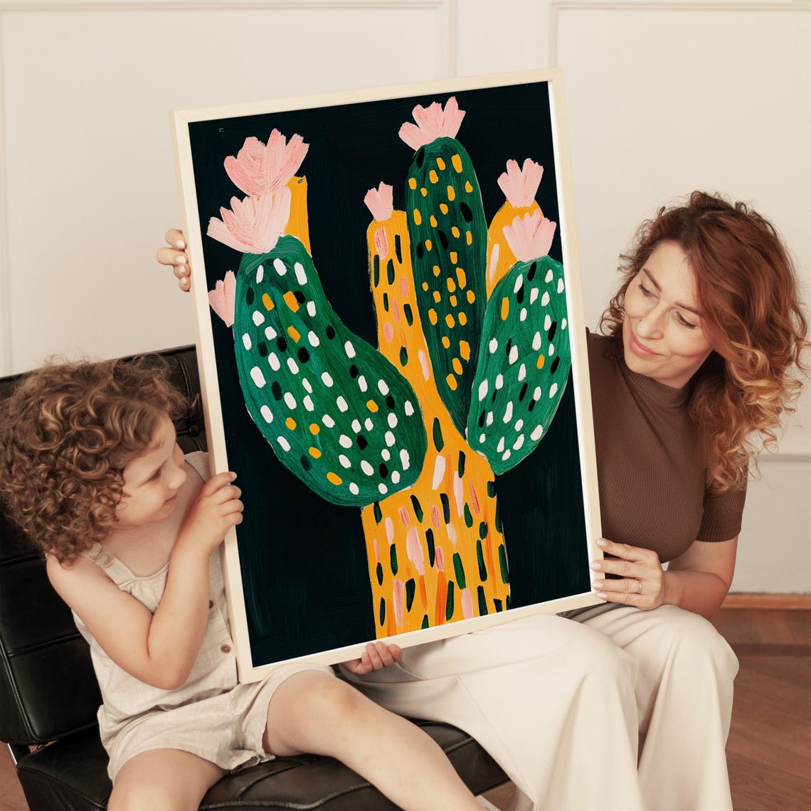 Blooming Cactus With Pink Flowers Colorful Modern Botanical Art Poster
