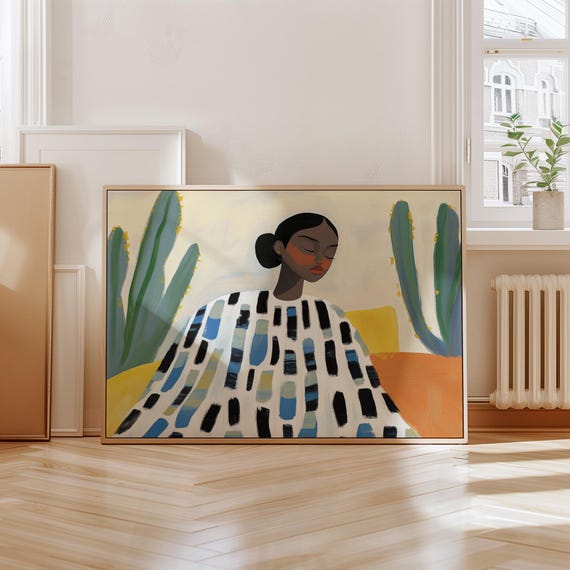Modern Minimalist Wall Art Abstract Woman With Patterned Dress And Cacti Colorful Illustration Print Serene And Bold Home Decor