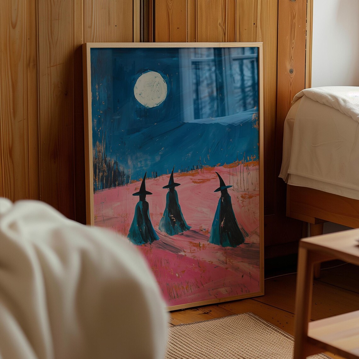 Witch Silhouettes Under Full Moon Pink Night Field Magical Halloween Art Poster - Image 3