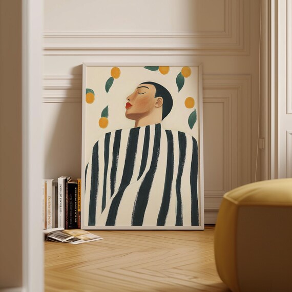Abstract Figure With Oranges Minimalist Fruit Decor Modern Portrait Print Striped Clothing Art Citrus Wall Art Contemporary Artwork