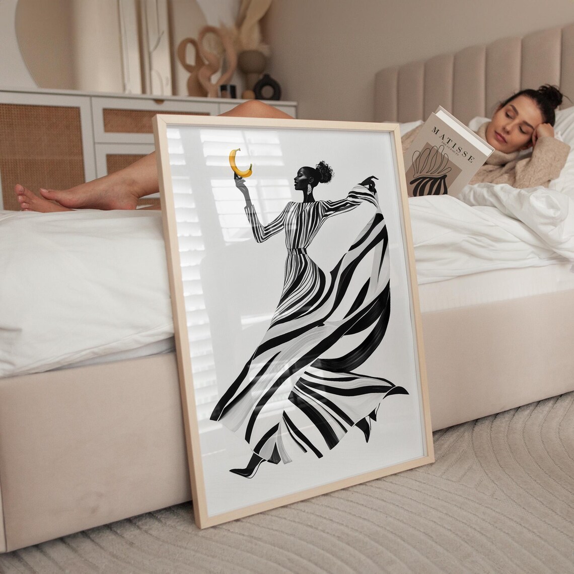 Dancing Woman In Striped Dress Holding Gold Crescent Moon Wall Art - Image 4