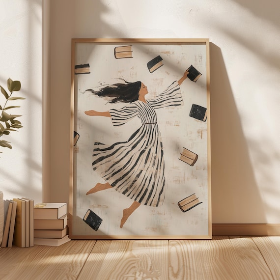 Floating Woman Striped Dress Surrounded By Books Whimsical Reader Poster