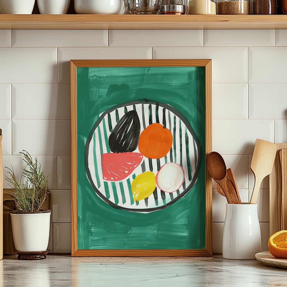 Abstract Fruit Bowl Art Print, Colorful Kitchen Illustration