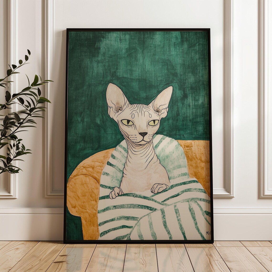 Sphynx Cat Portrait Watercolor Hairless Cat Emerald Green Pet Poster