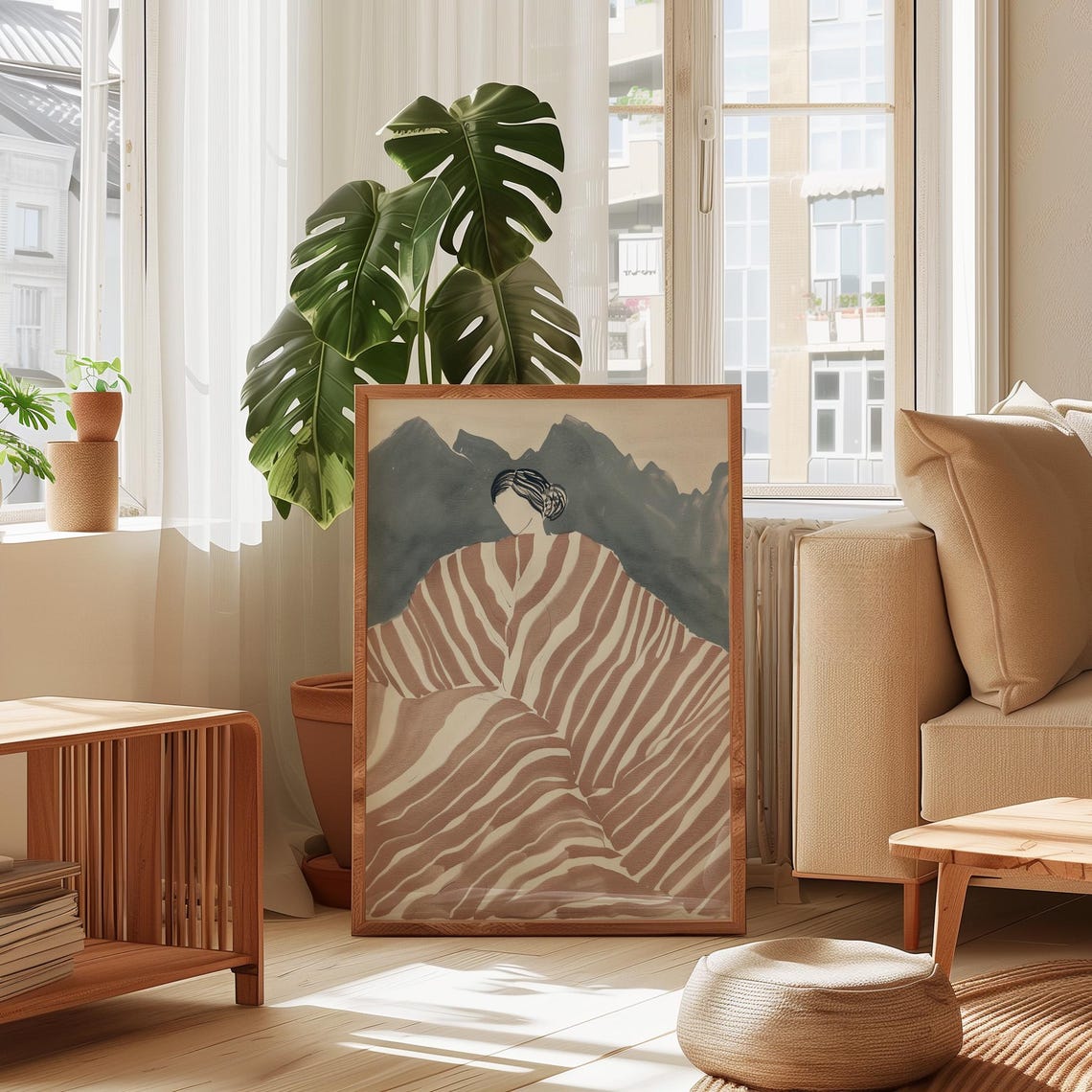 Woman In Striped Shawl Before Misty Mountains Neutral Tones Wall Art - Image 4