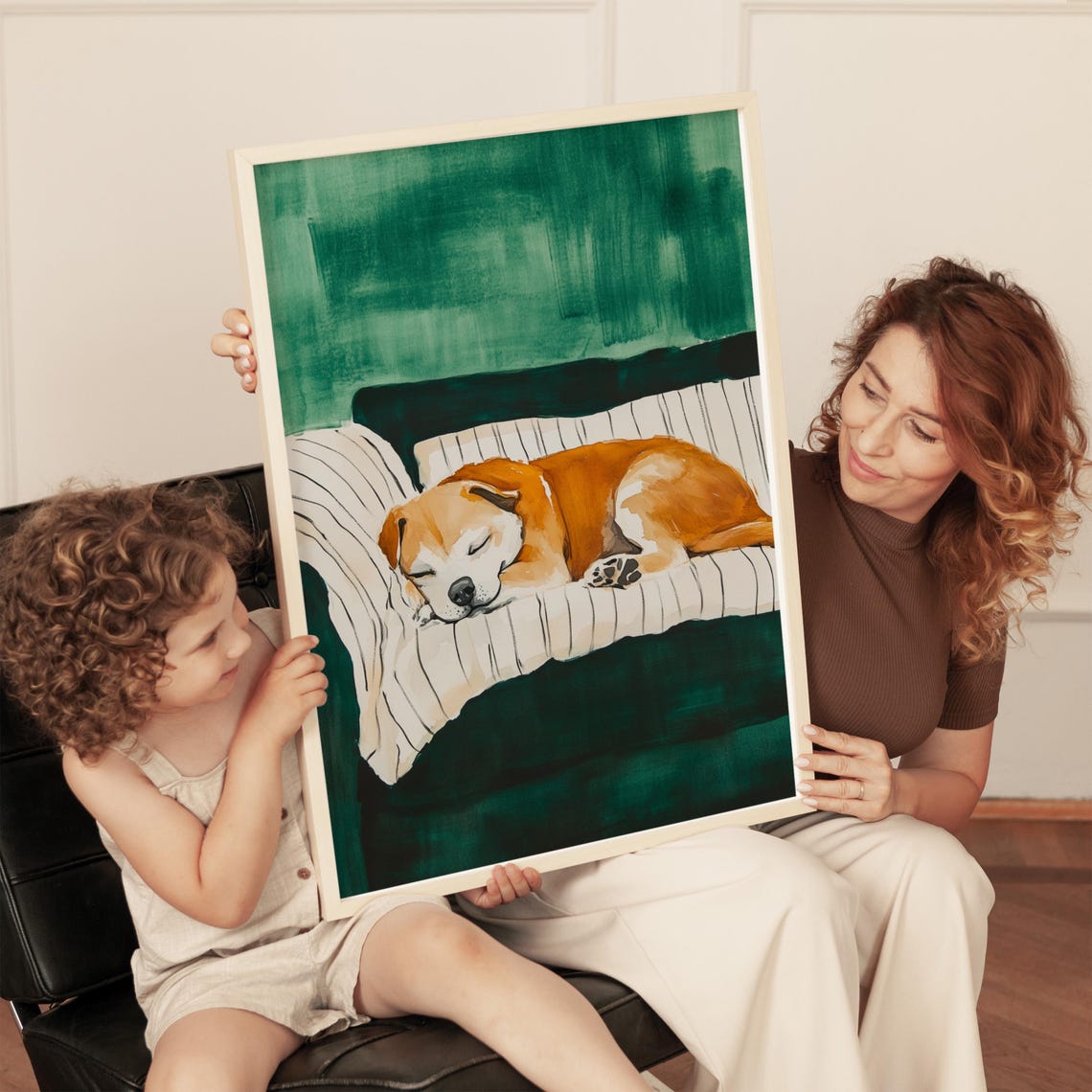 Sleeping Beagle Puppy On Green Couch Cozy Dog Painting Print