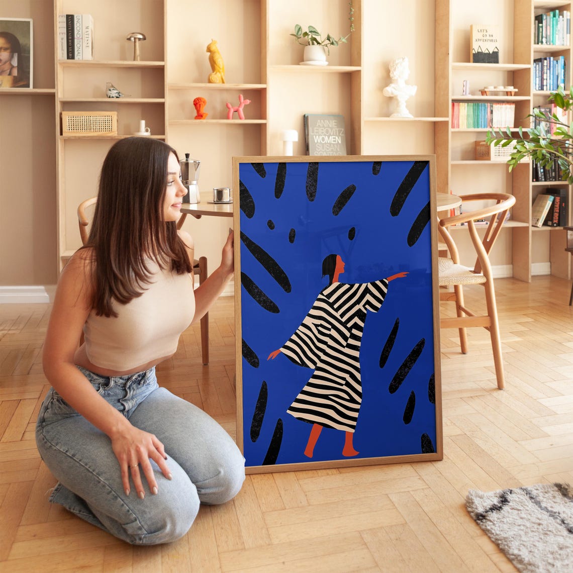 Woman in Striped Robe Bold Blue Abstract Modern Figure Poster - Image 2