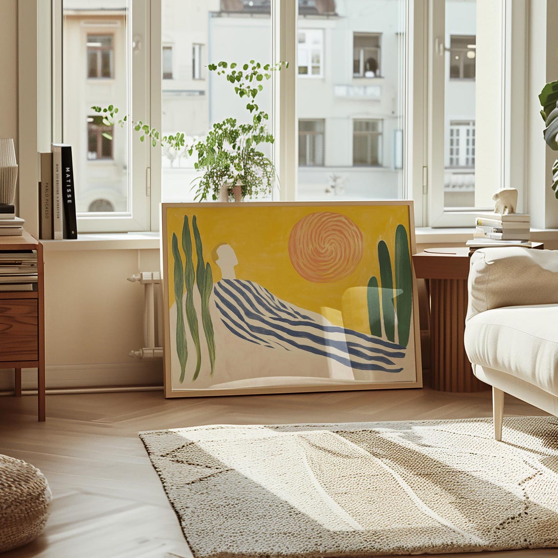 Abstract Desert Art Print Modern Landscape Wall Art Sun And Striped Figure Design Minimalist Yellow Decor Bold Artwork - Image 4