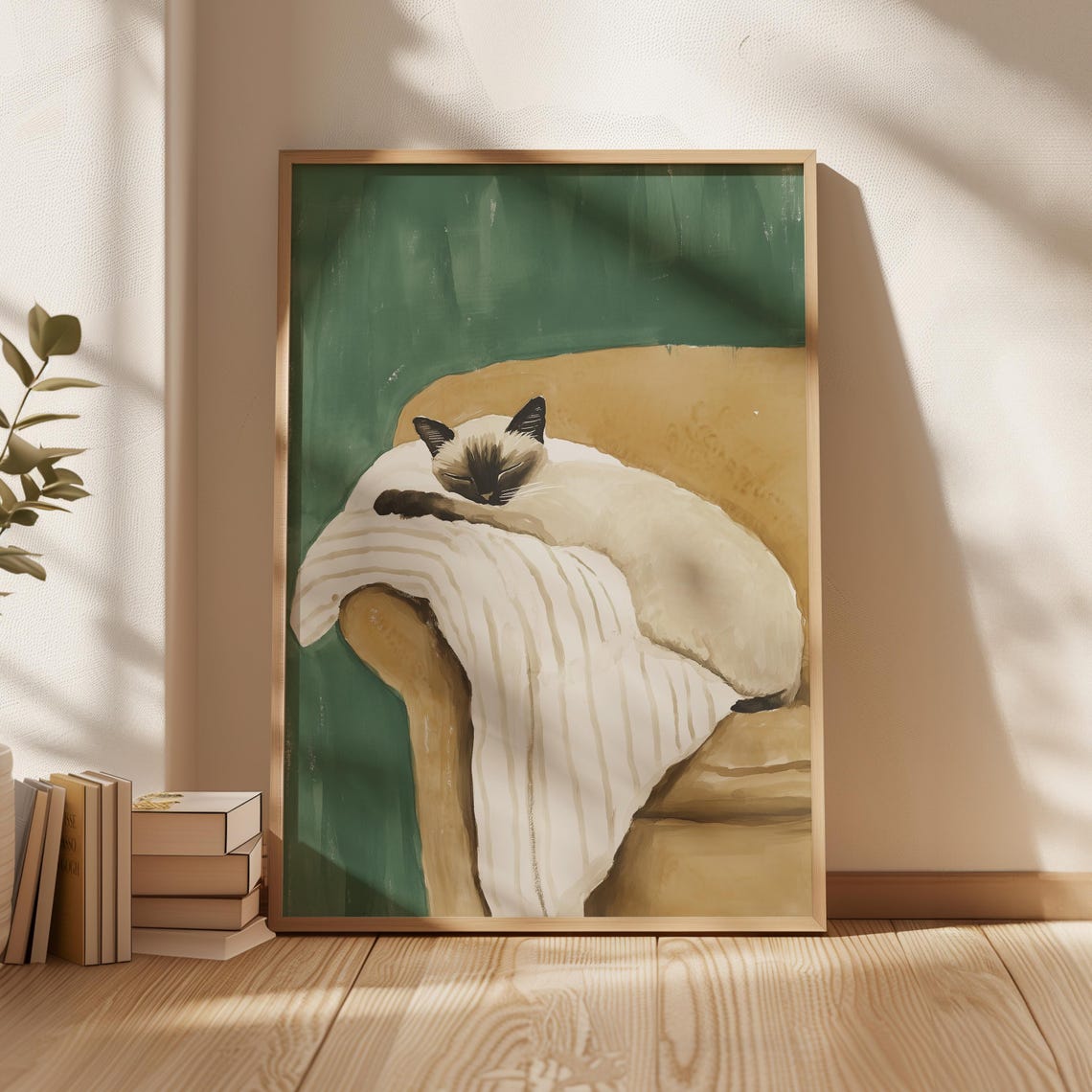 Sleeping Siamese Cat On Armchair Cozy Green Pet Painting Poster