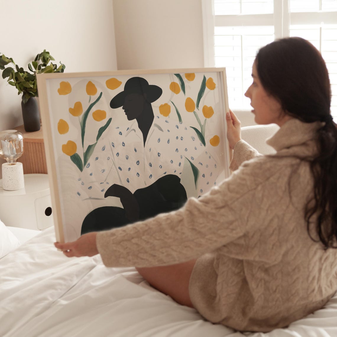 Abstract Portrait Art Print Figure With Black Hat Floral Backdrop Modern Minimalist Decor Stylish Wall Art Bold Home Print - Image 5