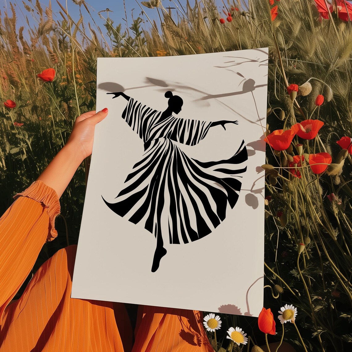 Dancer Silhouette Flowing Zebra Striped Dress Black Cream Poster - Image 4