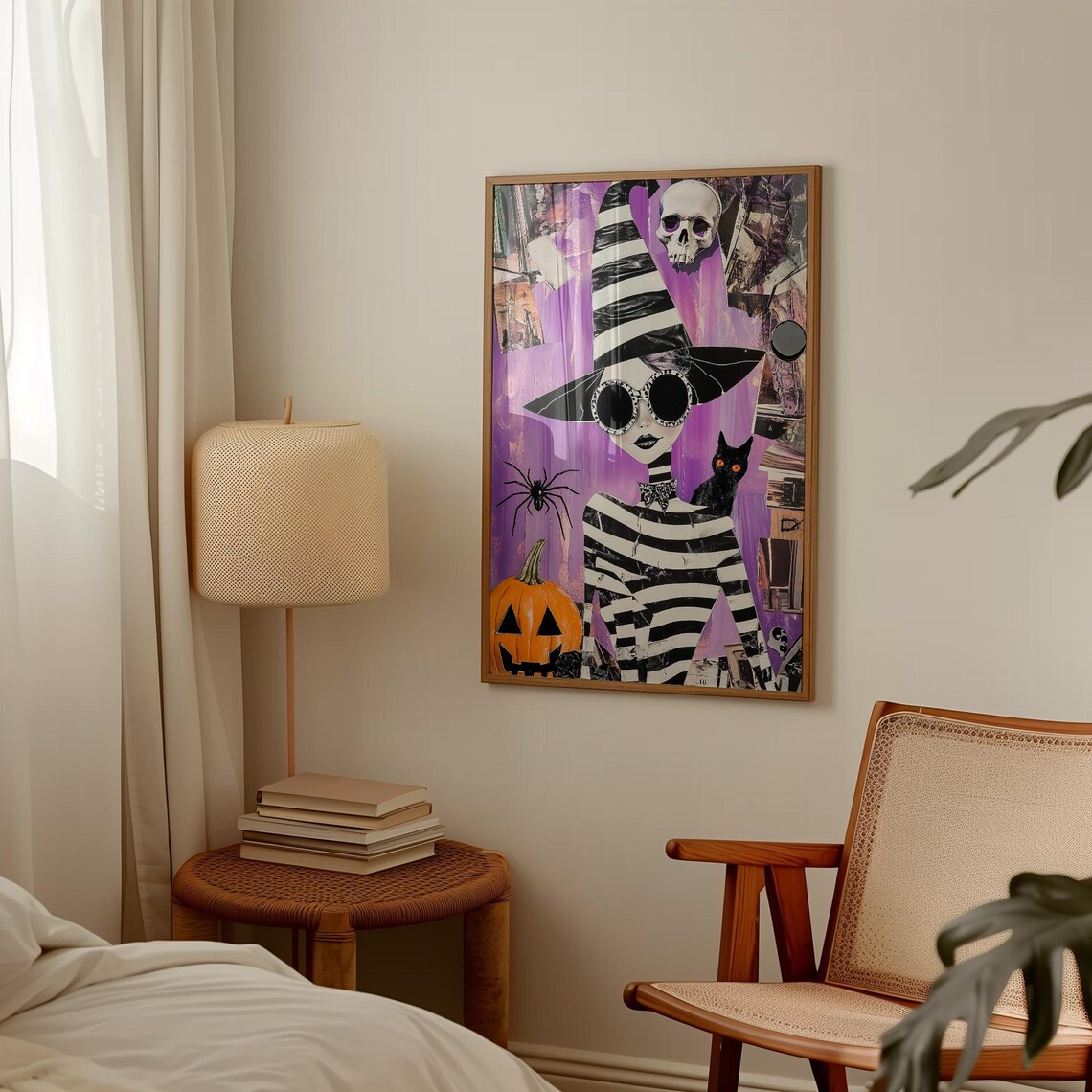 Purple Collage Witch With Sunglasses Black Cat Skull Halloween Art Poster - Image 4