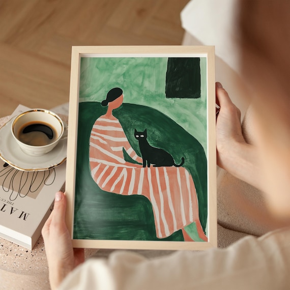 Woman With Black Cat Painting Striped Dress Green Background Pet Art Poster