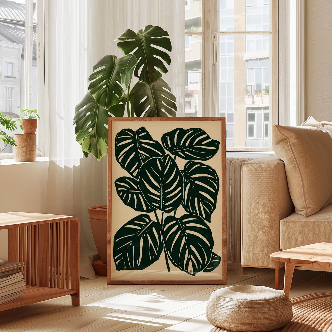Monstera Leaves Botanical Black Cream Modern Leaf Minimal Poster - Image 2