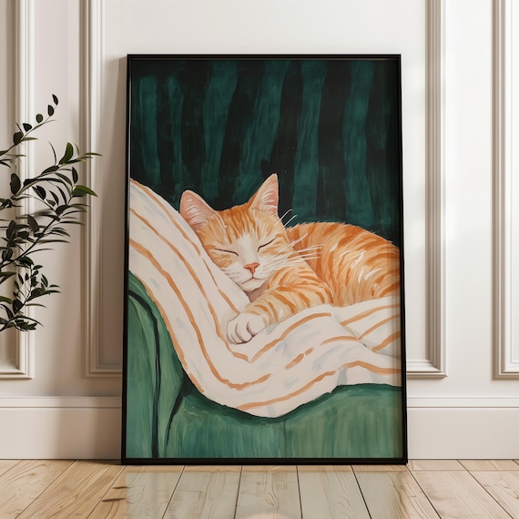 Orange Tabby Cat Napping Striped Blanket Green Couch Cozy Art Poster