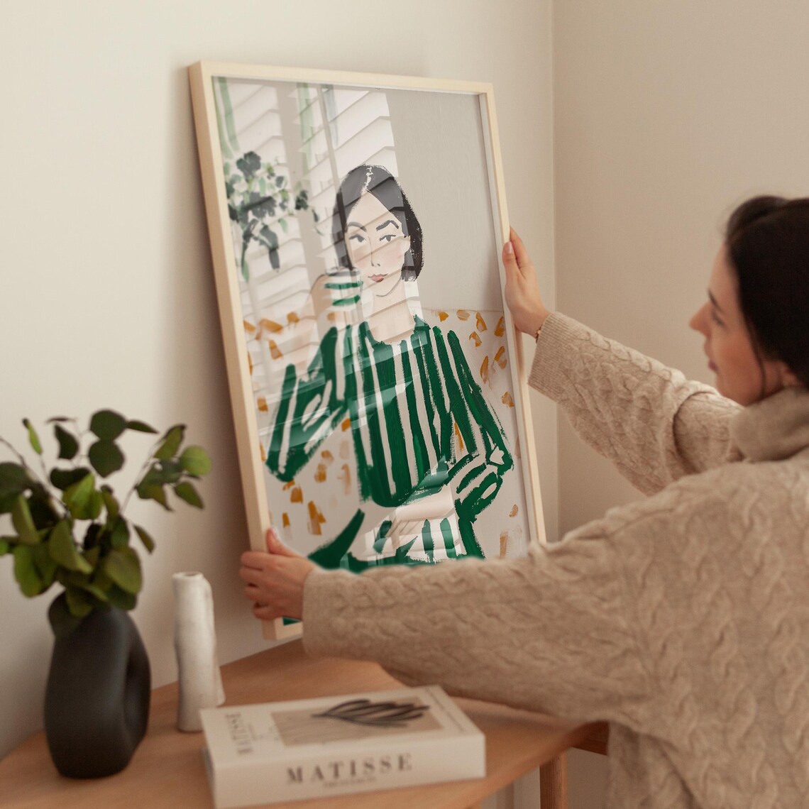 Modern Woman In Striped Green Dress, Minimalist Portrait - Image 5
