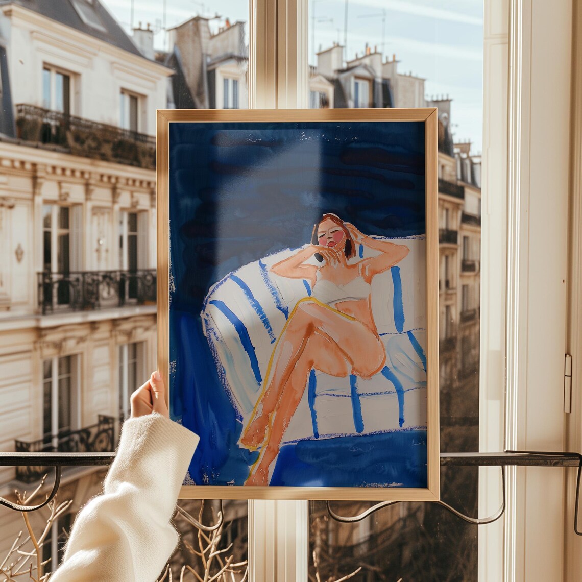 Woman White Bikini Blue Striped Lounger Night Pool Relaxing Art Poster - Image 2