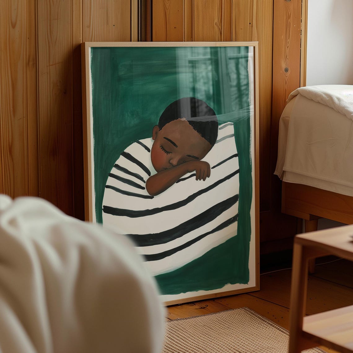 Sleeping Child On Striped Pillow Emerald Green Painting Wall Art