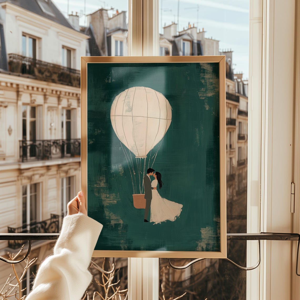 Large Wedding Couple Hot Air Balloon Dark Teal Romantic Art Print