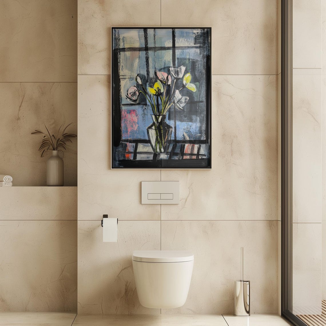 Tulips In Glass Vase Against Dark Moody Window Light Wall Art - Image 3