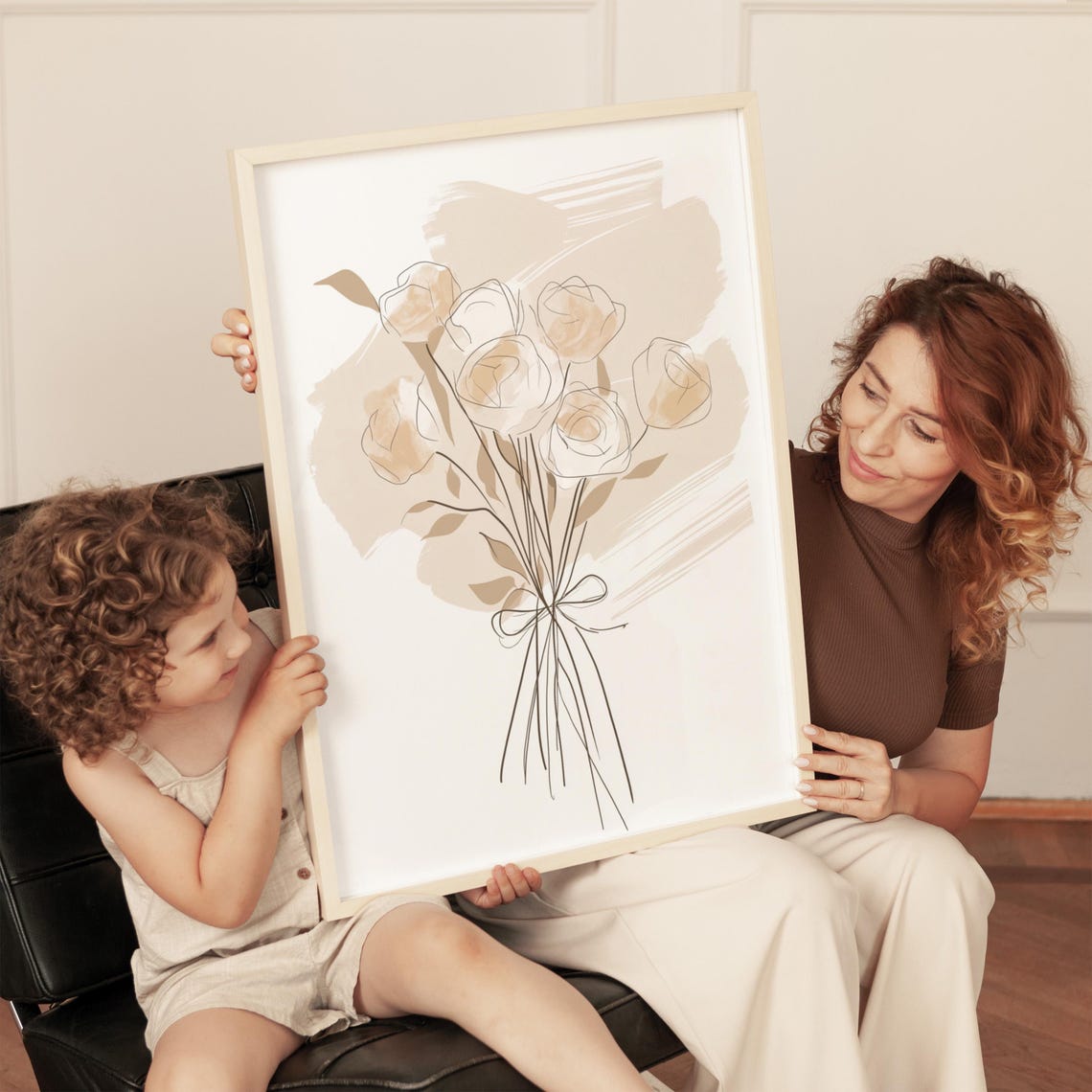 Beige Rose Bouquet Line Drawing With Bow Neutral Floral Wall Art - Image 2