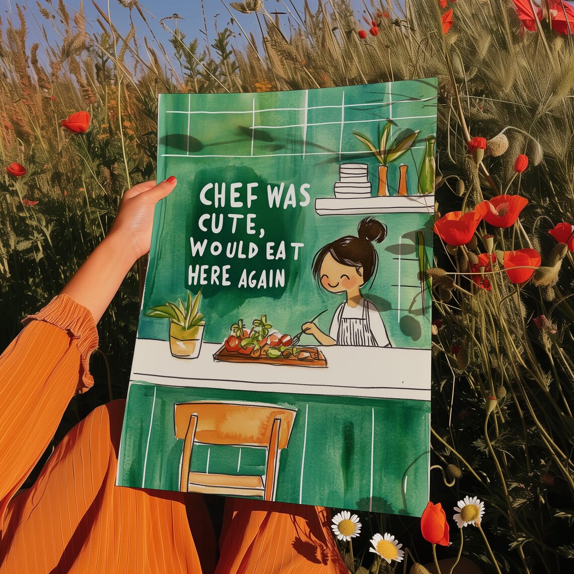 Chef Was Cute Wall Art Whimsical Kitchen Illustration Funny Cooking Artwork Green And Orange Kitchen Print - Image 3
