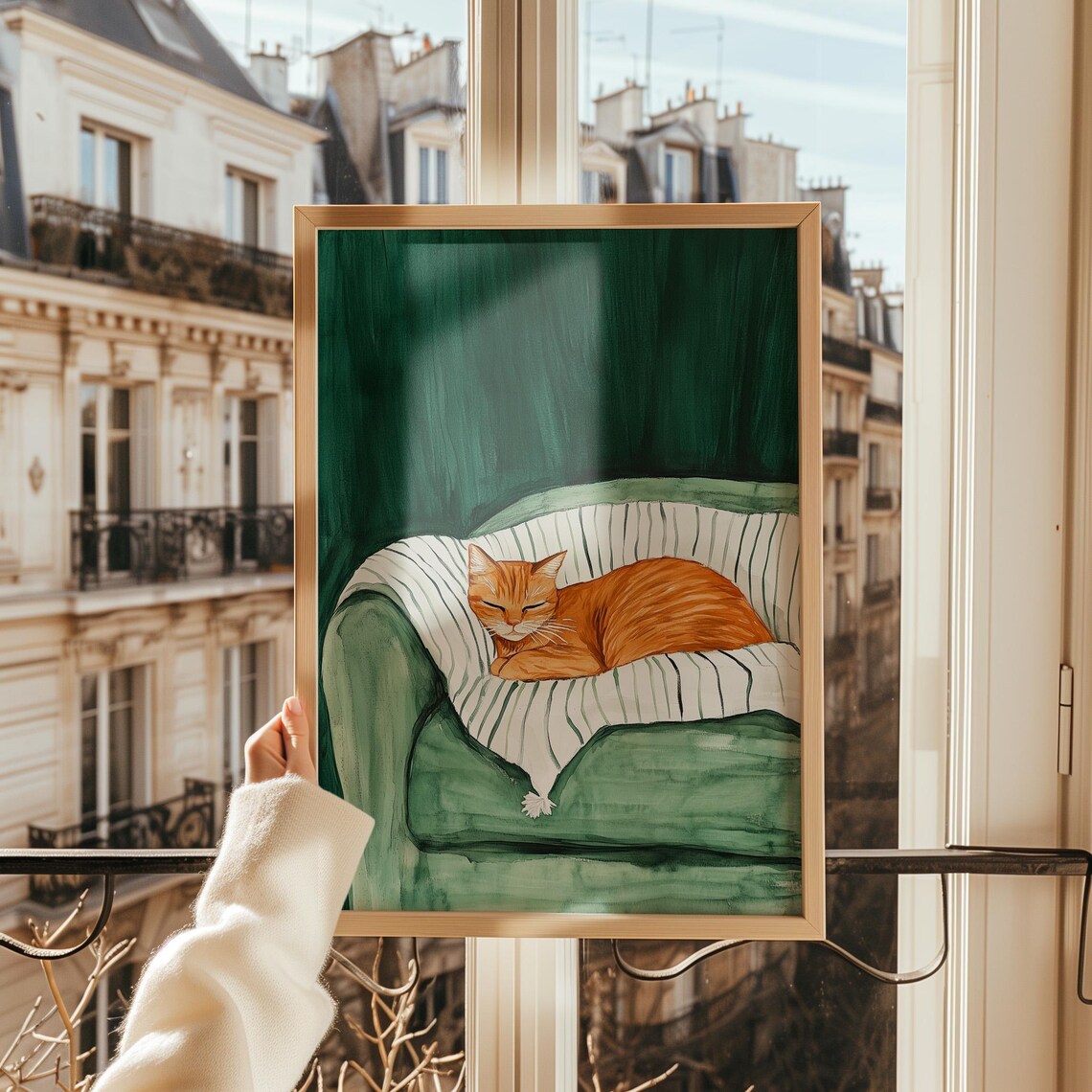 Sleeping Ginger Cat Striped Blanket Green Velvet Chair Cozy Poster - Image 2