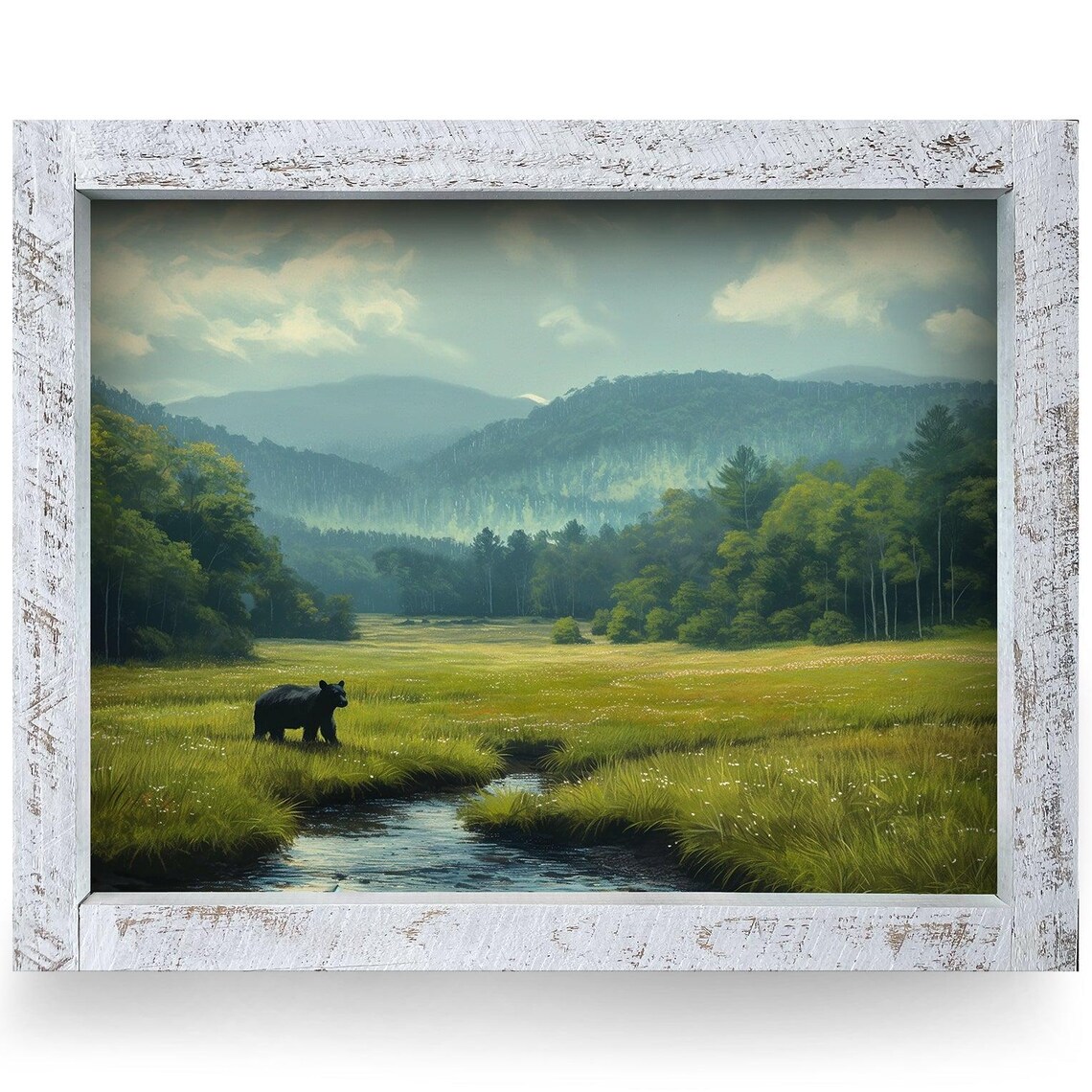 Black Bear Wandering Meadow Mountain Stream Wildlife Landscape Poster