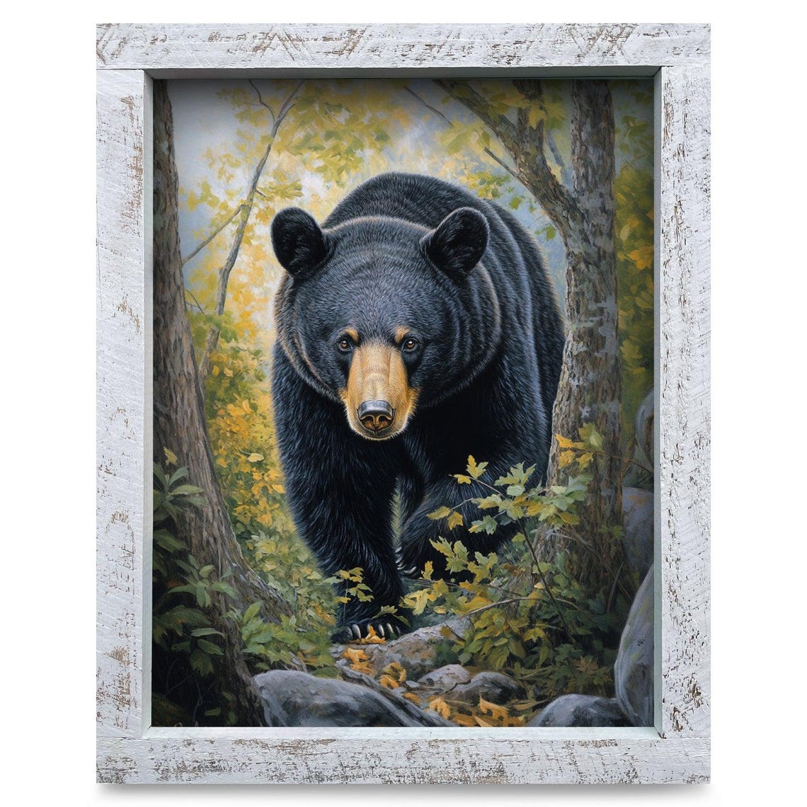 Black Bear Walking Through Autumn Forest Realistic Art Poster