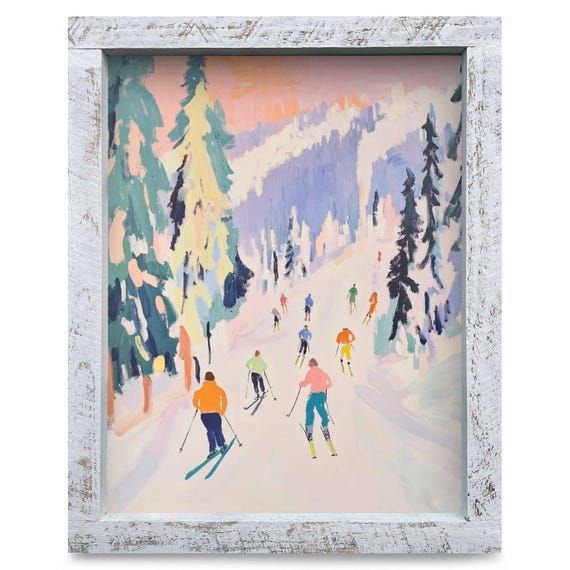 Colorful Ski Traverse Real Wood Framed Wall Art Print