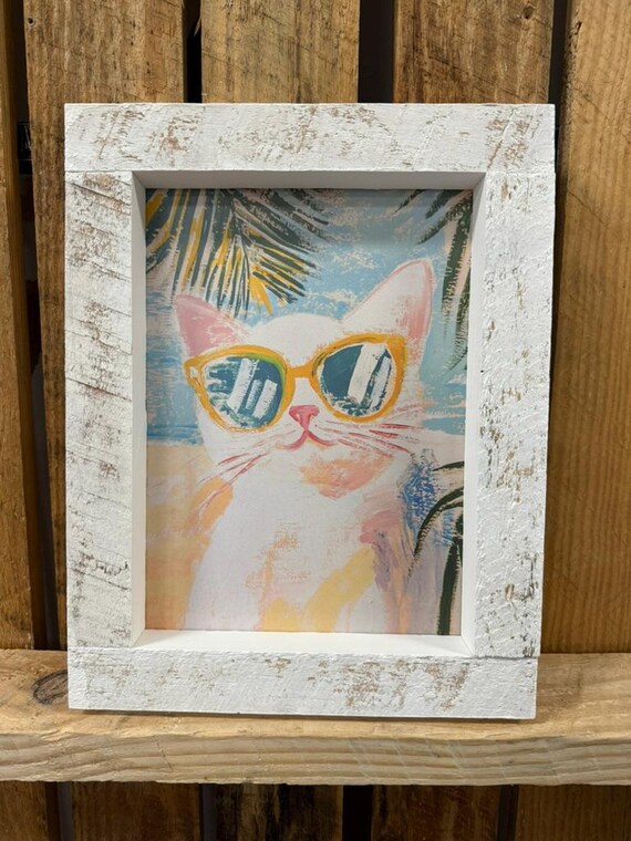 Cute White Cat in Sunglasses with Tropical Palm Leaves Poster