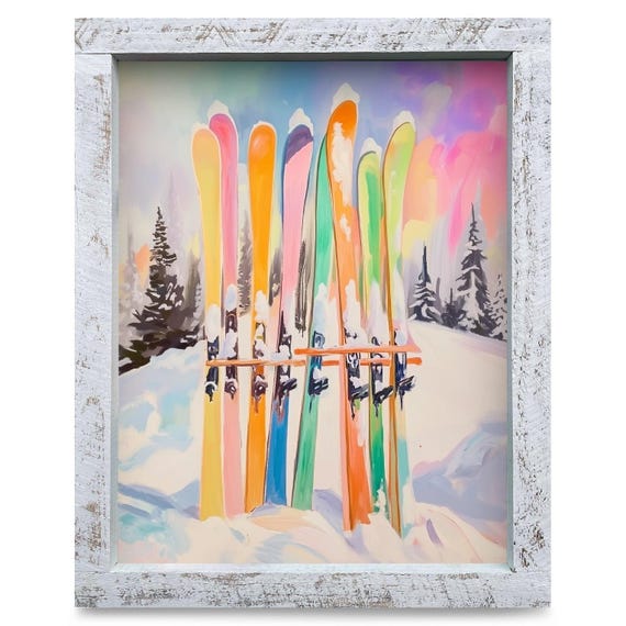 Colorful Skis Pines Real Wood Framed Wall Art Print