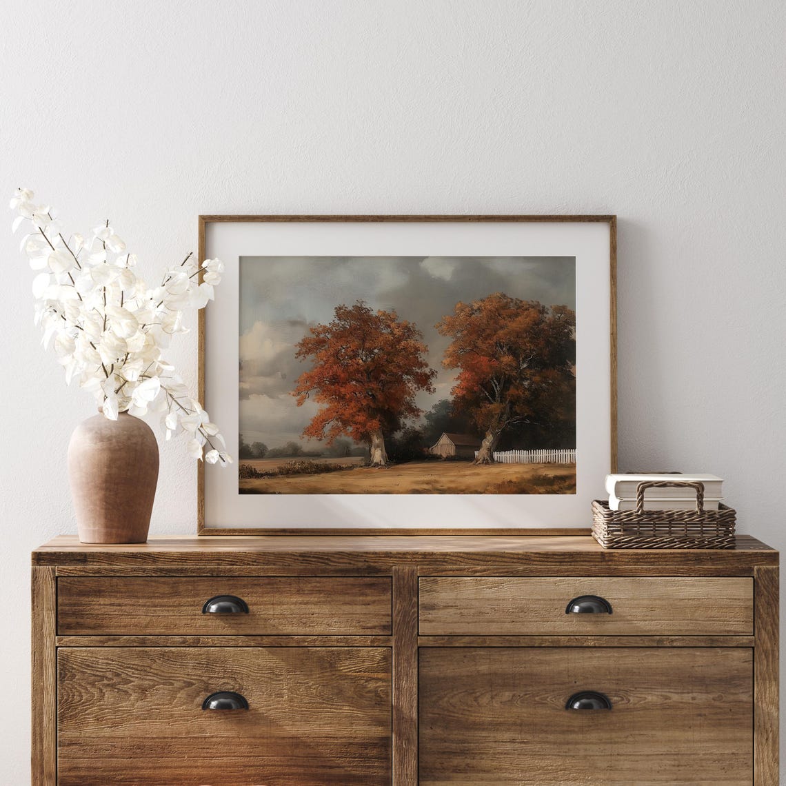 Autumn Farm With Two Red Oak Trees Barn And White Fence Poster - Image 4
