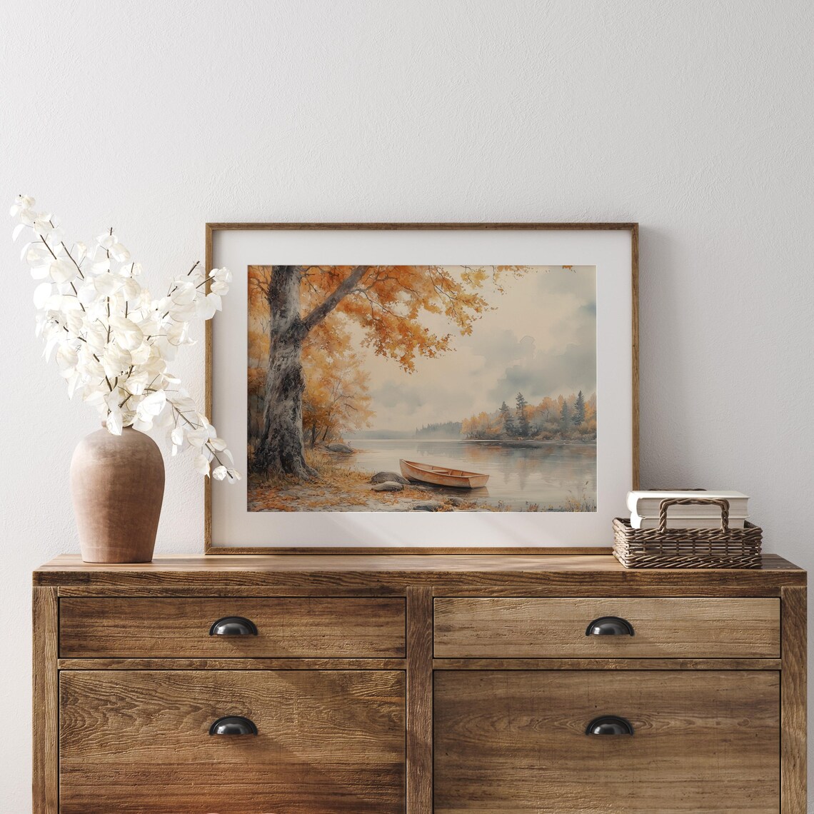 Wooden Canoe Resting on a Quiet Autumn Lakeshore Watercolor Poster - Image 4