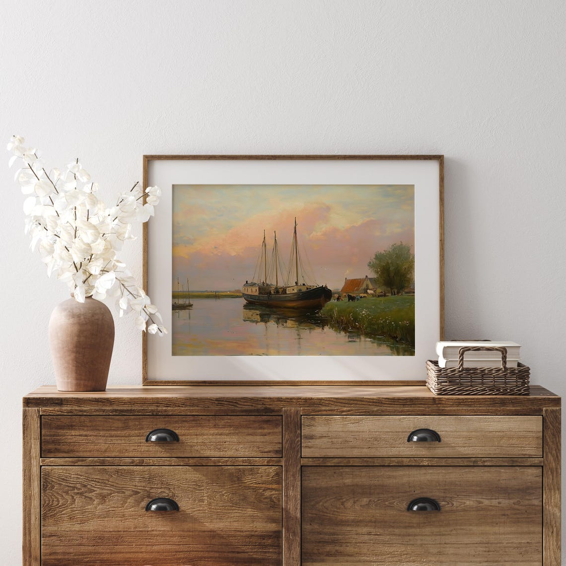 Vintage Sailing Ship at Sunset Harbor River Nautical Art Poster - Image 3
