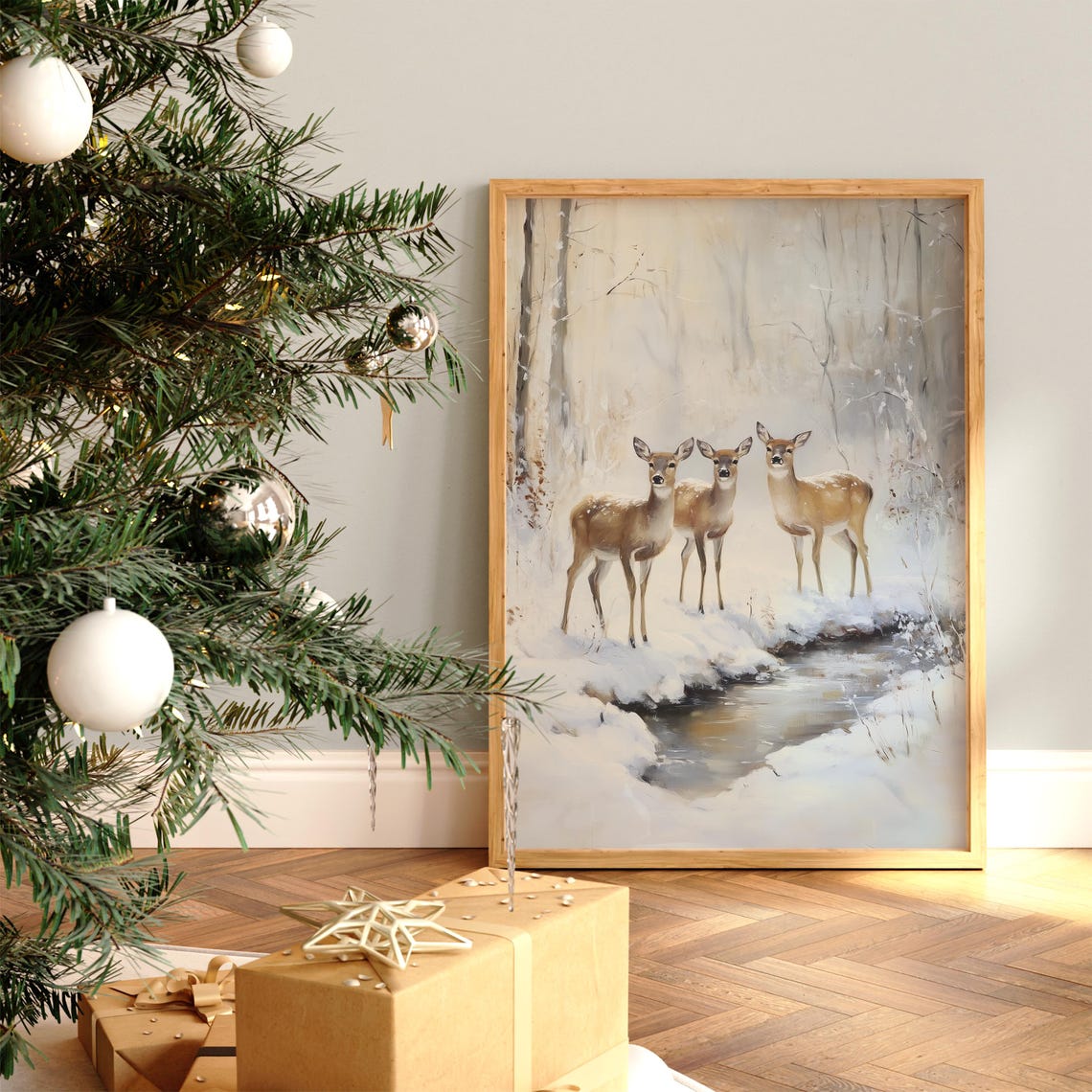 Three Deer at a Snowy Forest Stream in Winter Painting Poster - Image 2