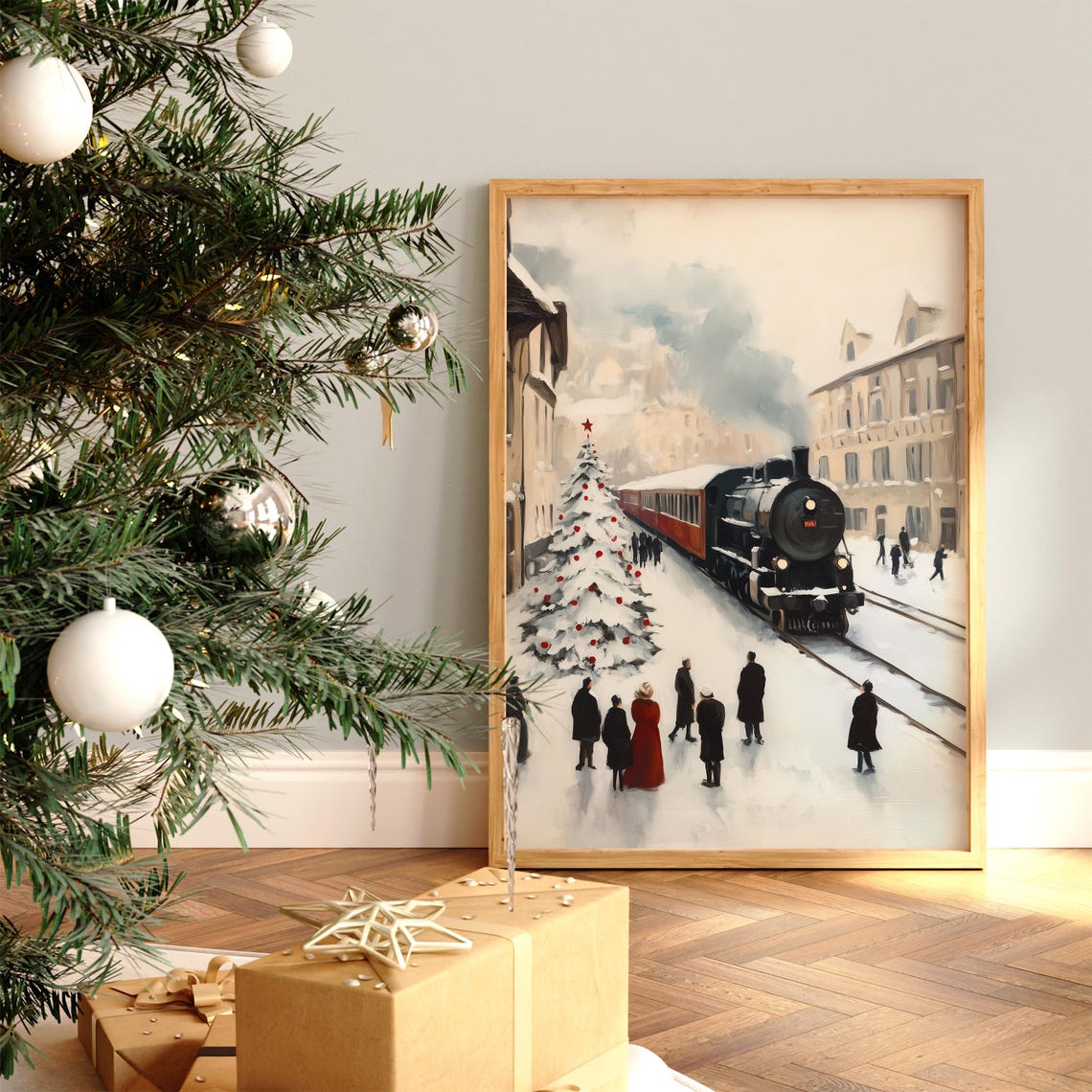 Steam Train at Snowy Station with Christmas Tree Crowd Poster - Image 3