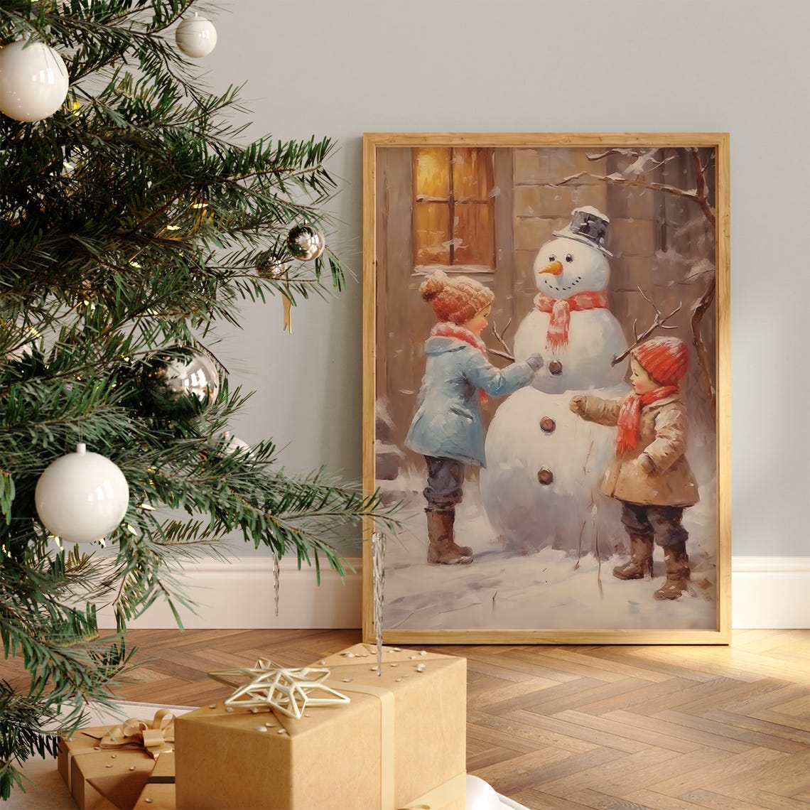 Children Building Snowman Christmas Snowman Decor Christmas Wall Art Holiday Decor Winter Print Winter Farmhouse Oil Painting Art - Image 2
