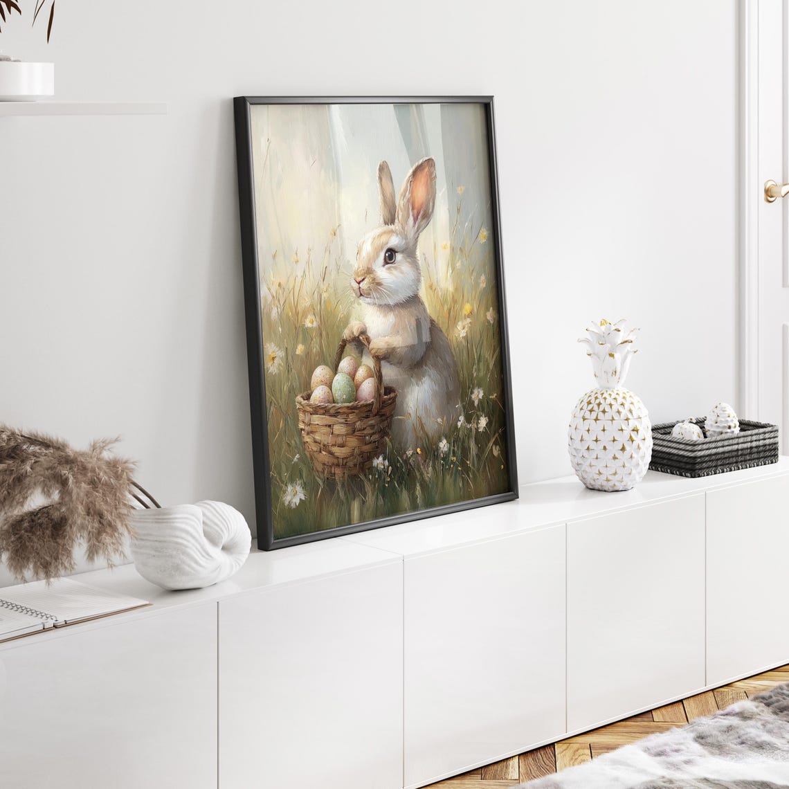 Bunny Carrying A Wicker Basket Of Easter Eggs Through A Meadow Poster - Image 4