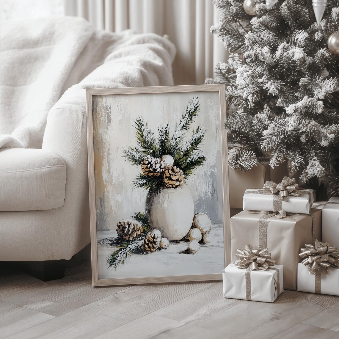 Winter Still Life White Vase Pinecones Frosted Greens Poster - Image 3
