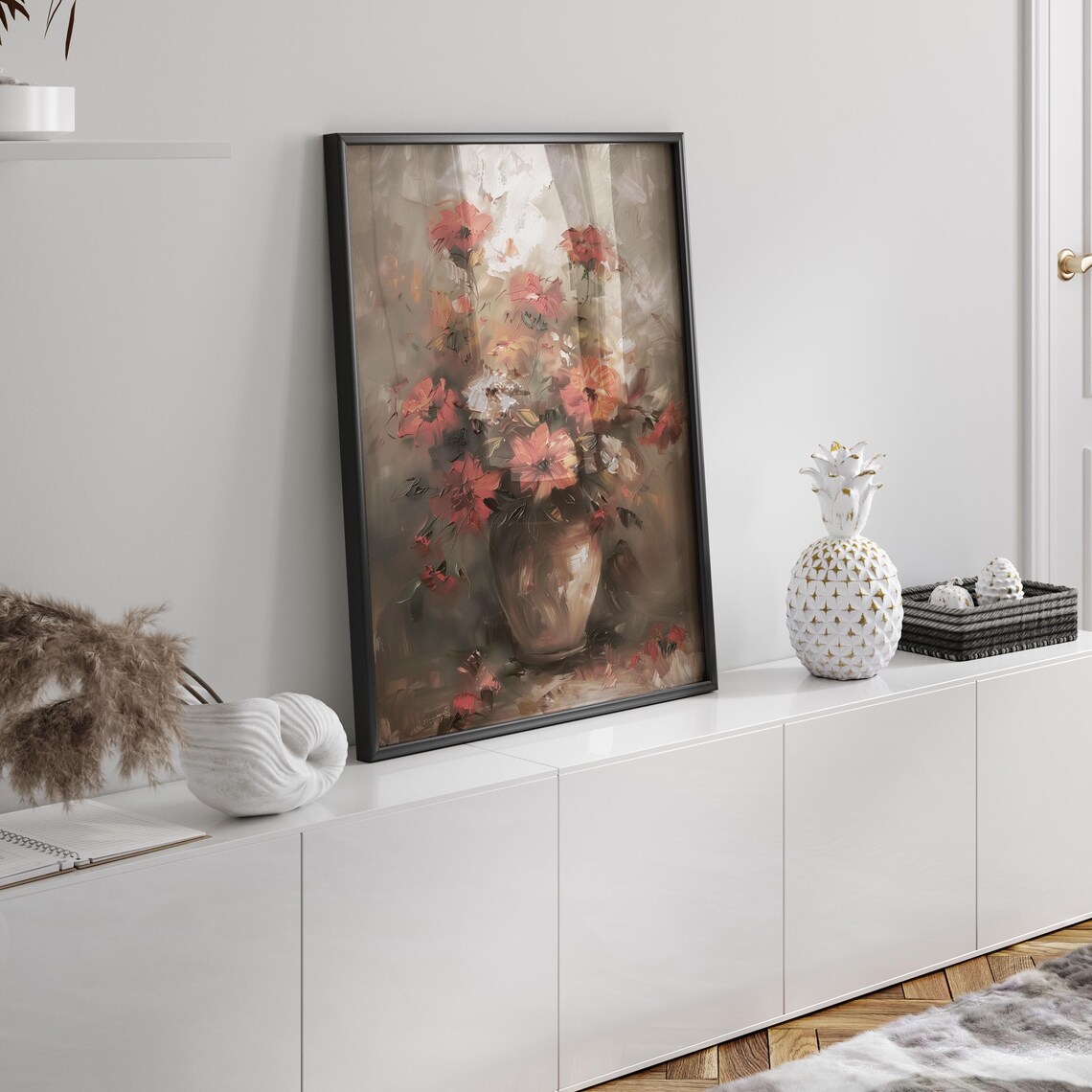 Red Wildflowers in Vase Moody Antique Floral Still Life Poster - Image 2