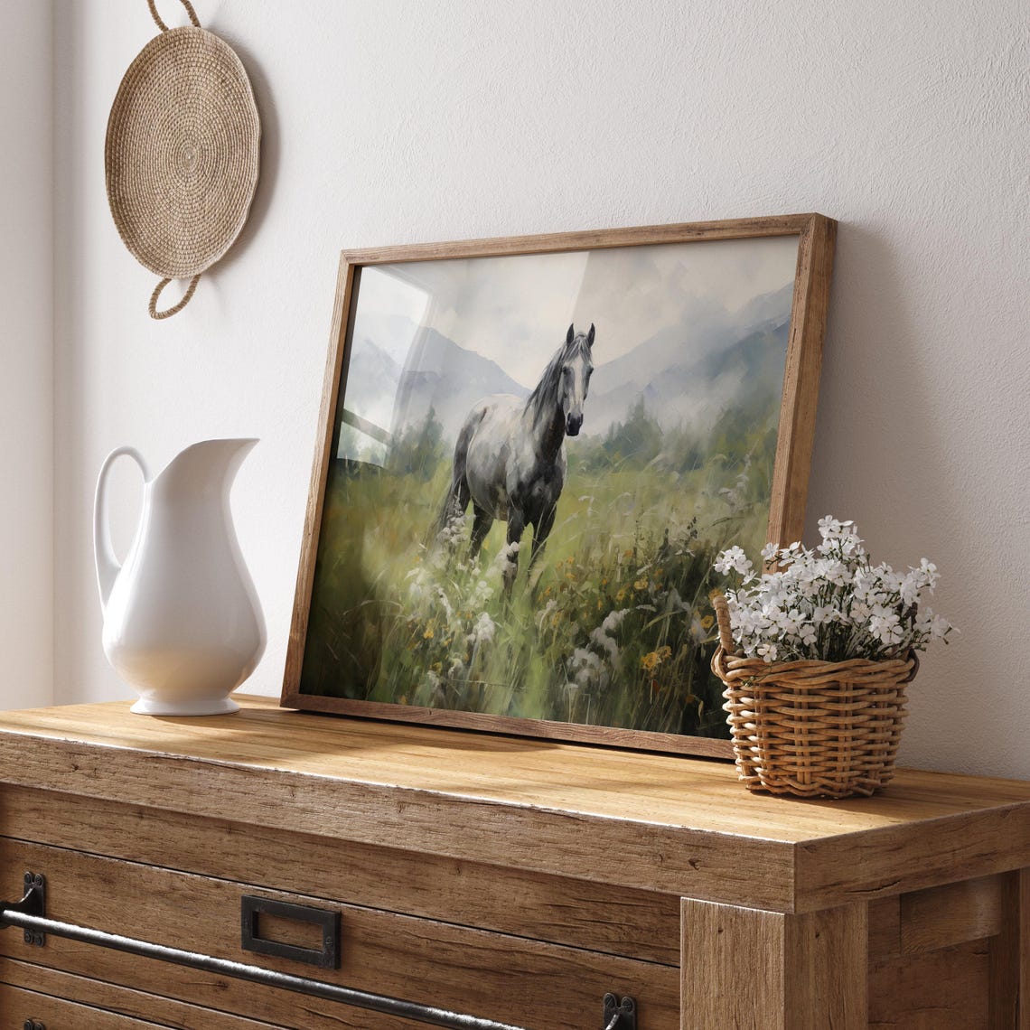 Gray Horse Standing in Wildflower Meadow Misty Mountains Poster - Image 3