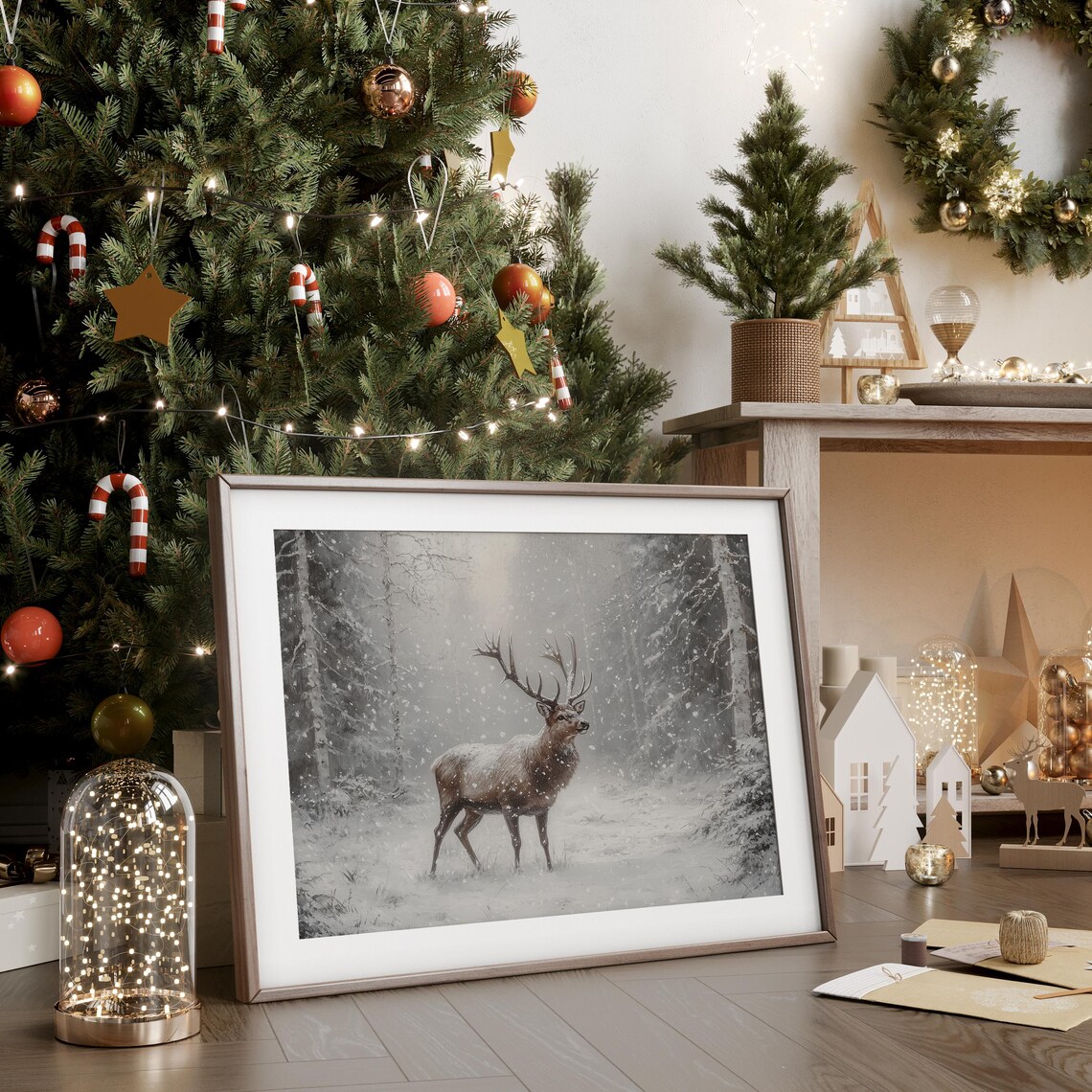 Stag In Snowy Forest Misty Winter Wildlife Oil Painting Poster - Image 4