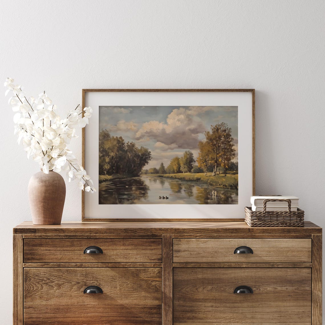 Ducks Gliding Across a Glassy Autumn River Landscape Painting Poster - Image 2