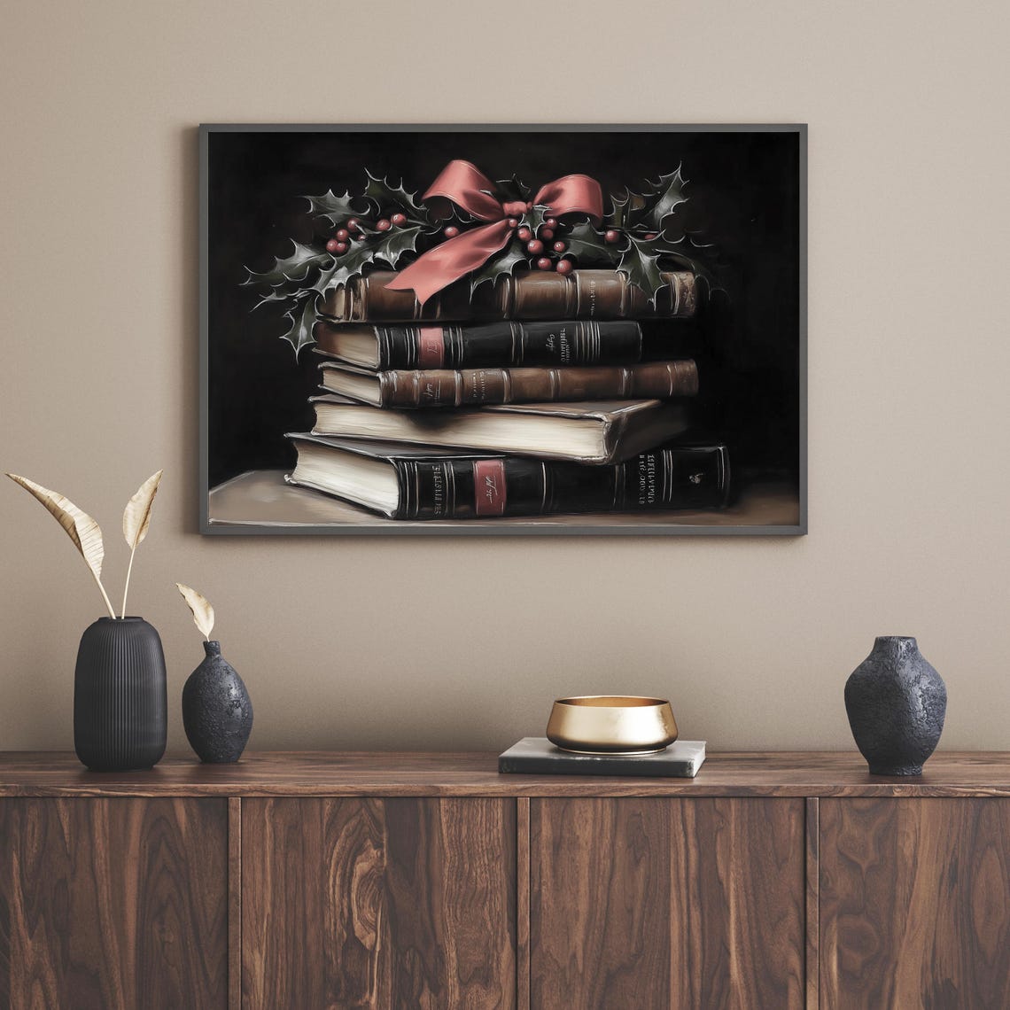 Stack Of Vintage Books With Holly Berries And Bow Christmas Poster - Image 3
