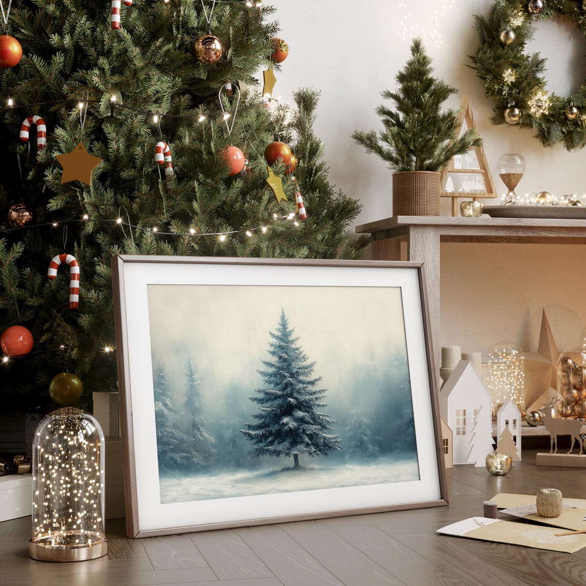 Lone Snowy Fir Tree Standing Alone in Misty Winter Forest Poster - Image 3