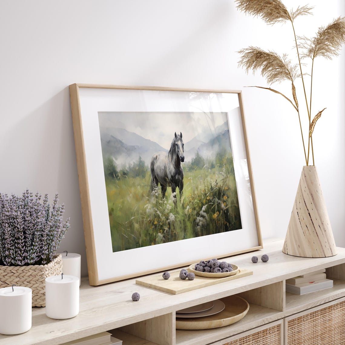 Gray Horse Standing in Wildflower Meadow Misty Mountains Poster - Image 2