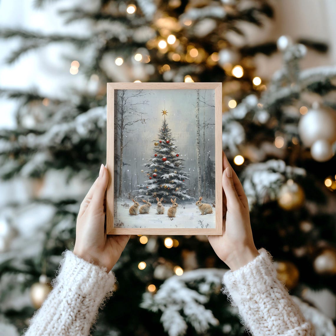 Five Small Rabbits Gathered Around A Decorated Christmas Tree Poster - Image 3