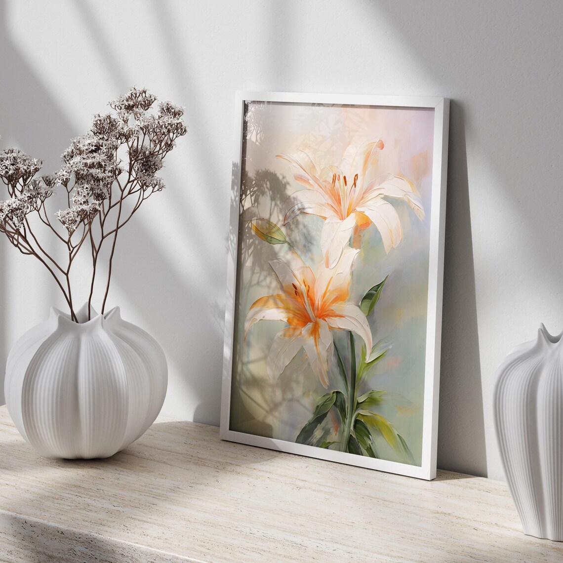 White Lily with Orange Center in Pastel Oil Painting Floral Poster - Image 4