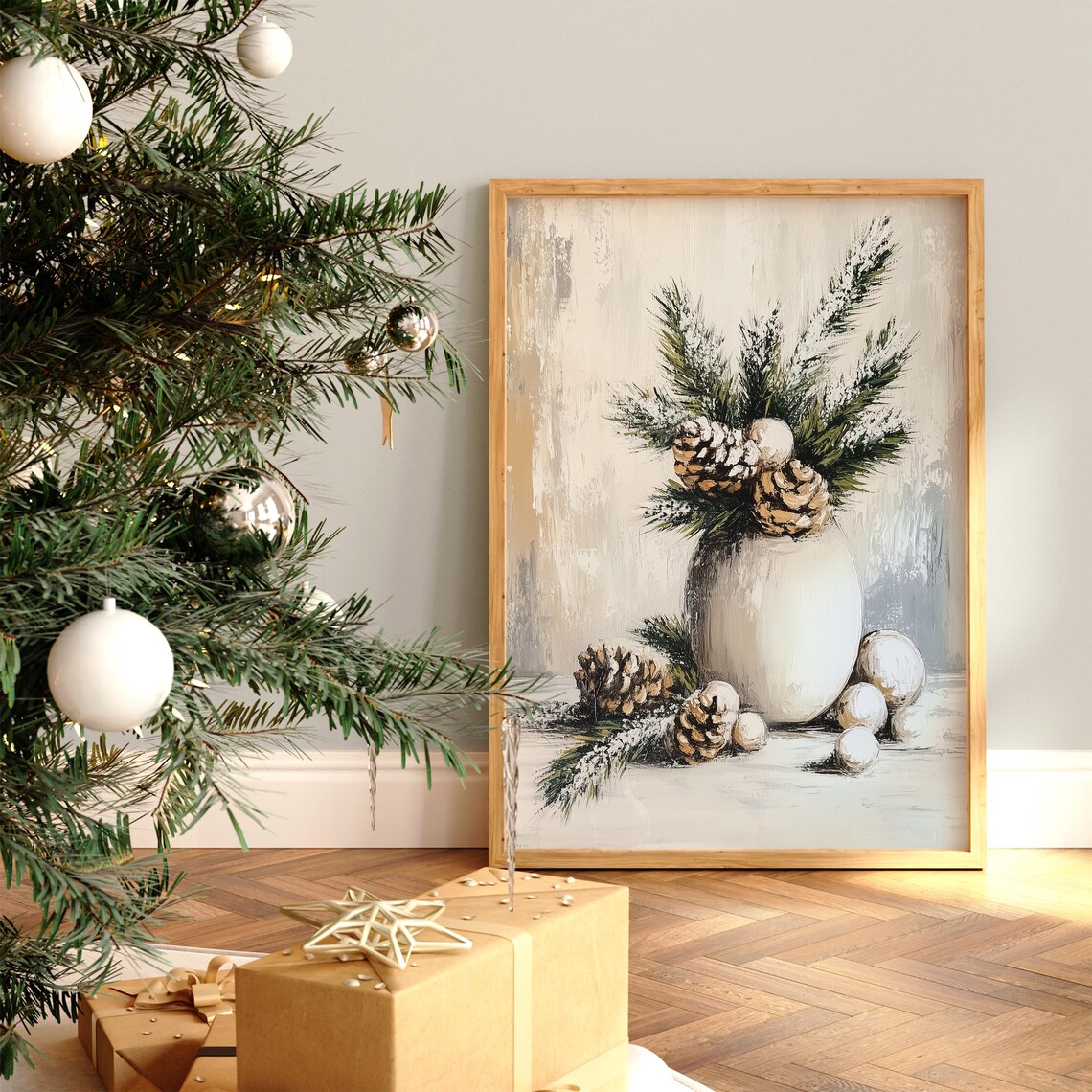 Winter Still Life White Vase Pinecones Frosted Greens Poster - Image 2